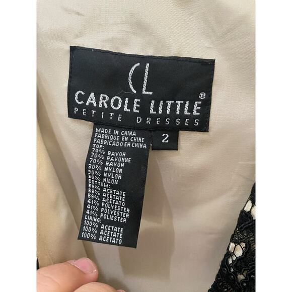 CAROLE LITTLE PETITE Black Tan Beaded Floral Lace Sleeveless Shift Mini Dress 2 - Picture 3 of 4